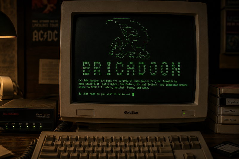 A period-accurate terminal showing the Brigadoon login screen, dial-up modem and D&D books on the desk beside it